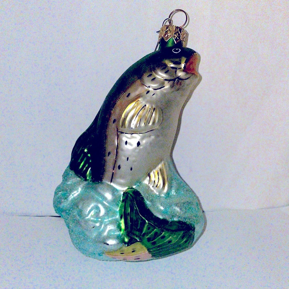 Dillards Fish in Water Fishing Blown Glass Christmas Ornament 5"